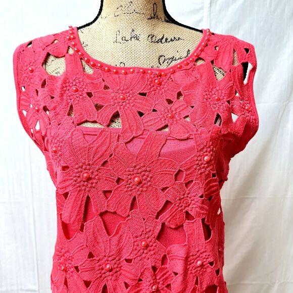 Leo Guy Floral Embroidered Knitted Hot Pink Barbie Core Sleeveless Dress SZ S/M - Picture 2 of 16